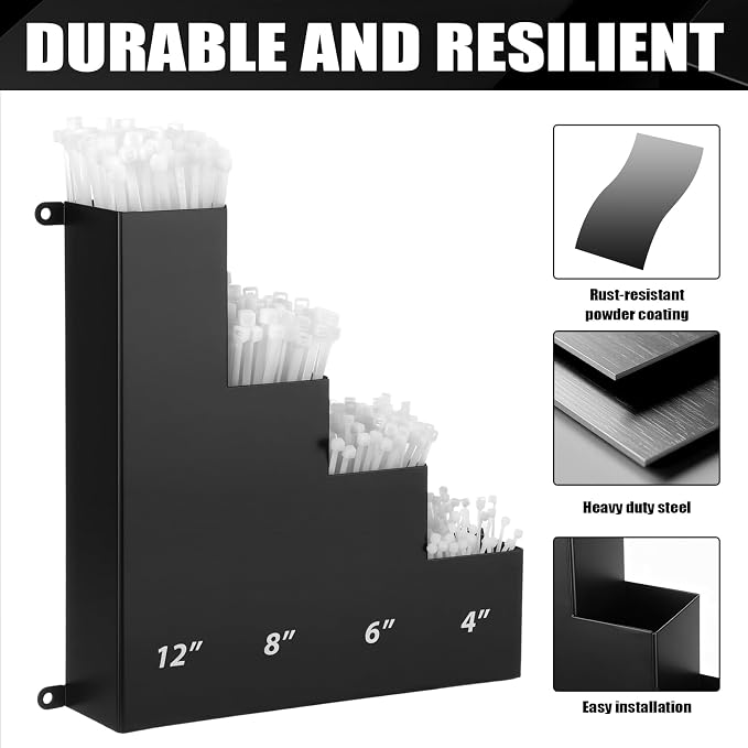 Cable Zip Tie Storage Holder Rack Metal Zip Tie Organizer Wall Mount Pockets with Screws for Workshop Shed Garage Home Ties, Ties and Tools Not Include (Black,10 x 9.5 Inch,4 Pockets)