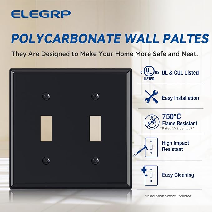 ELEGRP 2-Gang Toggle Switch Wall Plates, Standard Size 4.53" H x 4.57" L Unbreakable Thermoplastic Faceplate Cover for Toggle Dimmer Light Switches, UL Listed (5 Pack, Glossy Black)