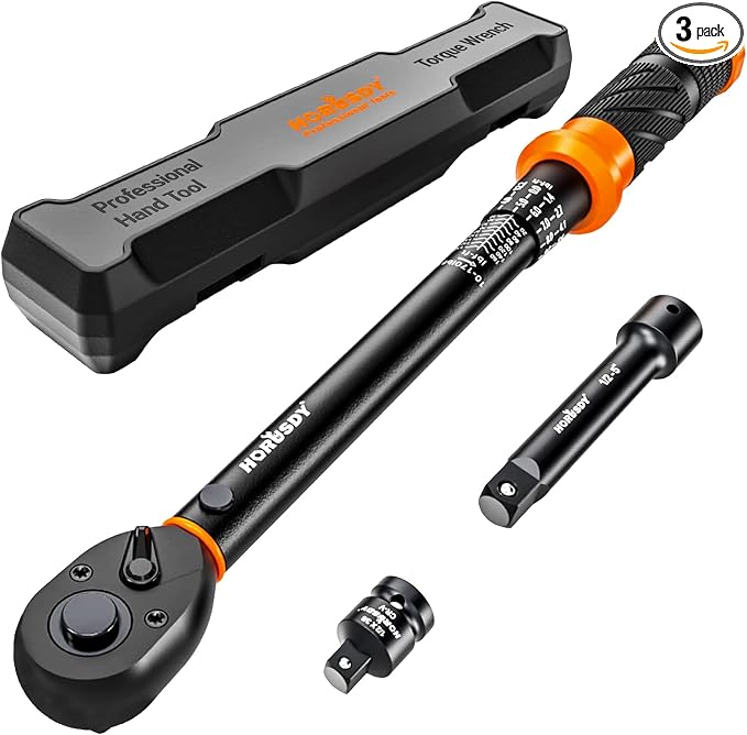 HORUSDY 1/2-Inch Drive Click Torque Wrench Set – 10–170 ft-lb / 13.6–230.5 Nm, ±3% Precision, Dual Scale, 72-Tooth Reversible Head with 5" Extension & Adapter for Car, Tire, and Motorcycle Use