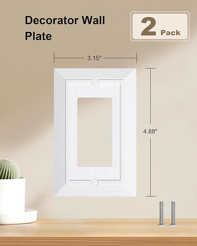 2-Pack Classic Beadboard Decorator Wall Plate Cover, Pure White Decorative Switch Plates and Outlet Covers, Durable Unbreakable Polycarbonate Wall Plates for Electrical Outlet, Receptacle, GFCI Outlet