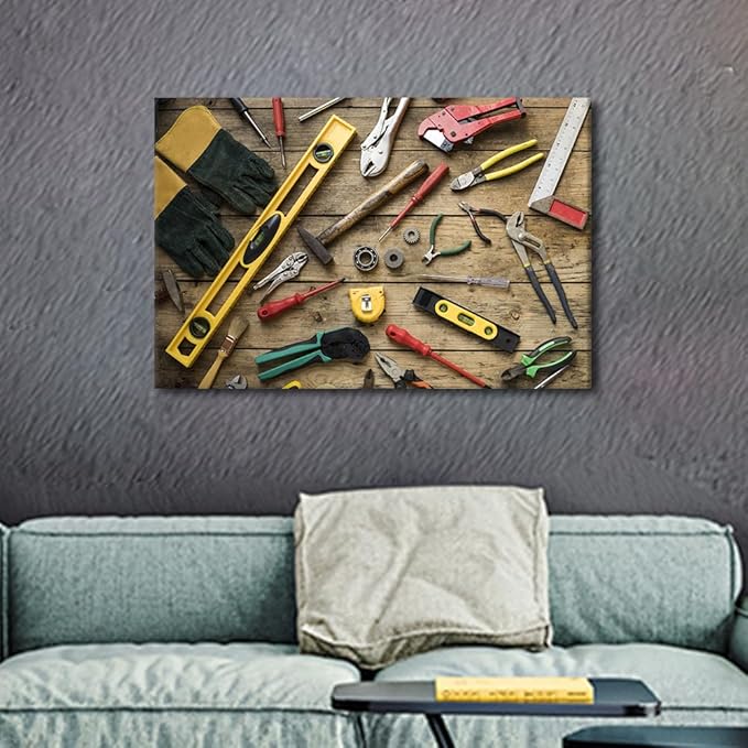 TUMOVO Wall Art for Office Wall Art Old Carpenter Tools on Wooden Background Picture, Canvas Print Artwork Poster Home Study Repair Shop Wall Decor 1 Panels ((16" Wx24 H)