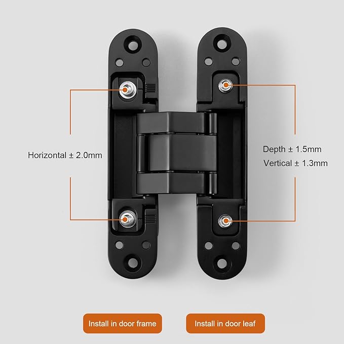 YAGU 5.5 inch 3 Way Adjustable Invisible Hinges Hidden Door Hinges Concealed Hinges Zinc Alloy 180 Degree Swing Hinge Butt Hinge Matte Black (1 Piece)