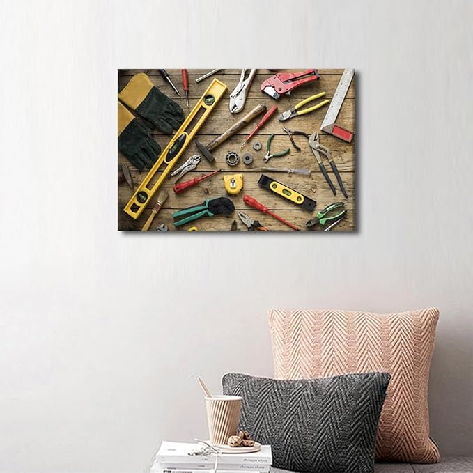 Canvas Wall Art Old Carpenter Tools on Wooden Background Picture Hammer Cutter Utensil Poster Framed Artwork for Home Living Room Bedroom Wall Decor Ready to Hang 1pcs (12" Wx18 H)