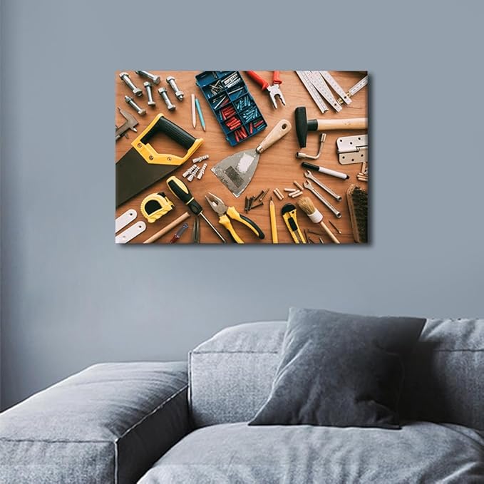 Construction Instruments Background Picture 1 Panels Canvas Wall Art Living Room Assorted Woodwork Carpentry or Construction Tools Poster Framed Artwork for Farmhouse Bedroom Wall Decor (12" Wx18 H)