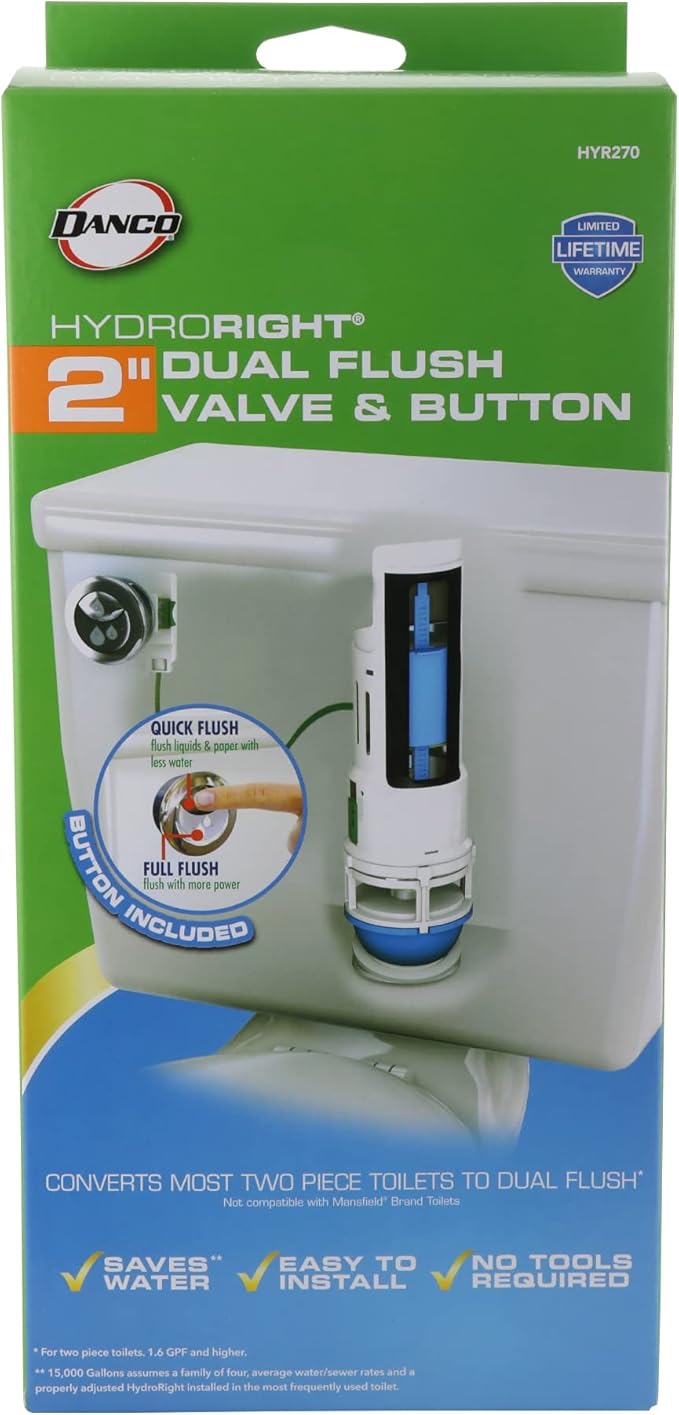 Danco HYR270 Hydroright Water-Saving Dual Flush Valve with Push-Button Handle, Plastic, Chrome