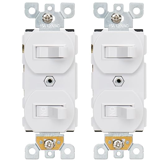 Baomain 2-Pack Double Toggle Light Switch,15 Amp 125V Two Single Pole Residential Grade,On/Off Electrical Wall Switch Self-grounding, Glossy White ETL Certified