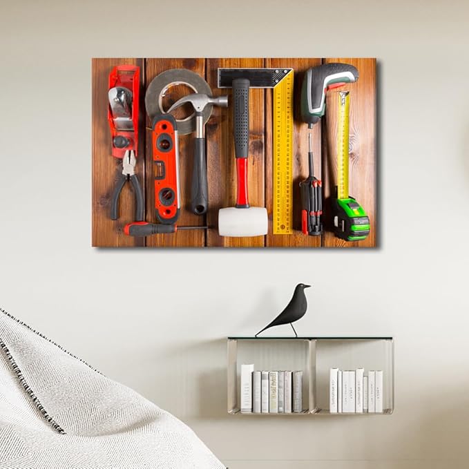 Big Wall Art for Living Room Wall Decor Blue Background House Renovation Tools and Accessories Top View Poster, Canvas Supermarket Hotel Tool Room Hardware Store Wall Decor 1 Panels (24"Wx36"H)