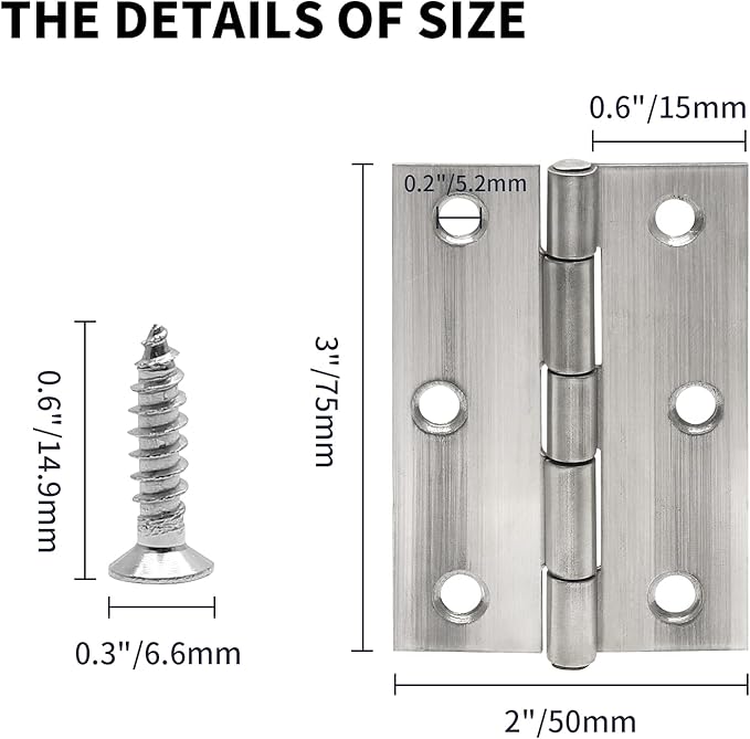 3 Inch Stain Nickel Door Hinges Heavy Duty, 10 Pcs Stainless Steel Folding Butt Hinges with Screws - 0.06 Inch Thickness