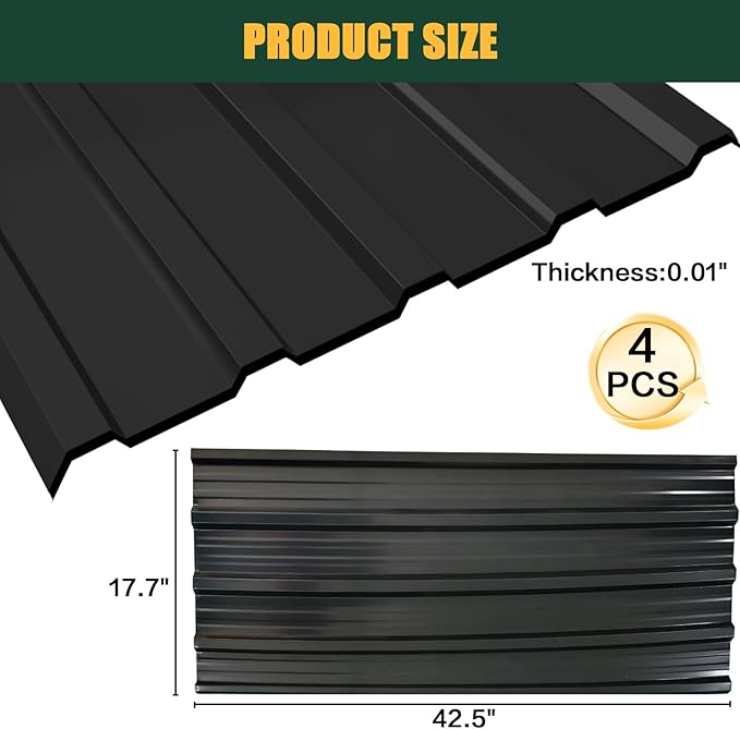 18 pcs Galvanized Steel Roof Panels,L42.52×W17.72 Inch Metal Roof Panels,Corrugated Tin Roofing Panels Roof Protector for Garages Black