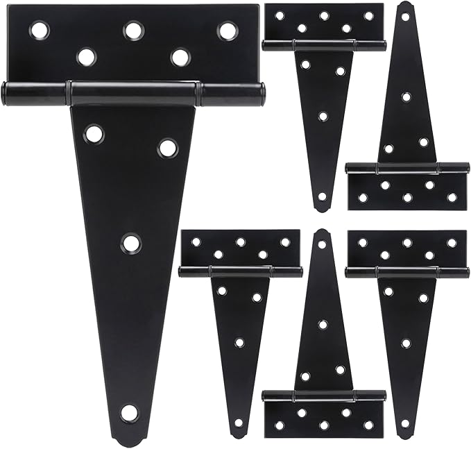 8 Inch T-Strap Shed Door Hinges Heavy Duty, Black Tee Hinge for Wooden Fences, Yard Door, Barn Door Gates, Wrought Hardware Rustproof, 6 PCS