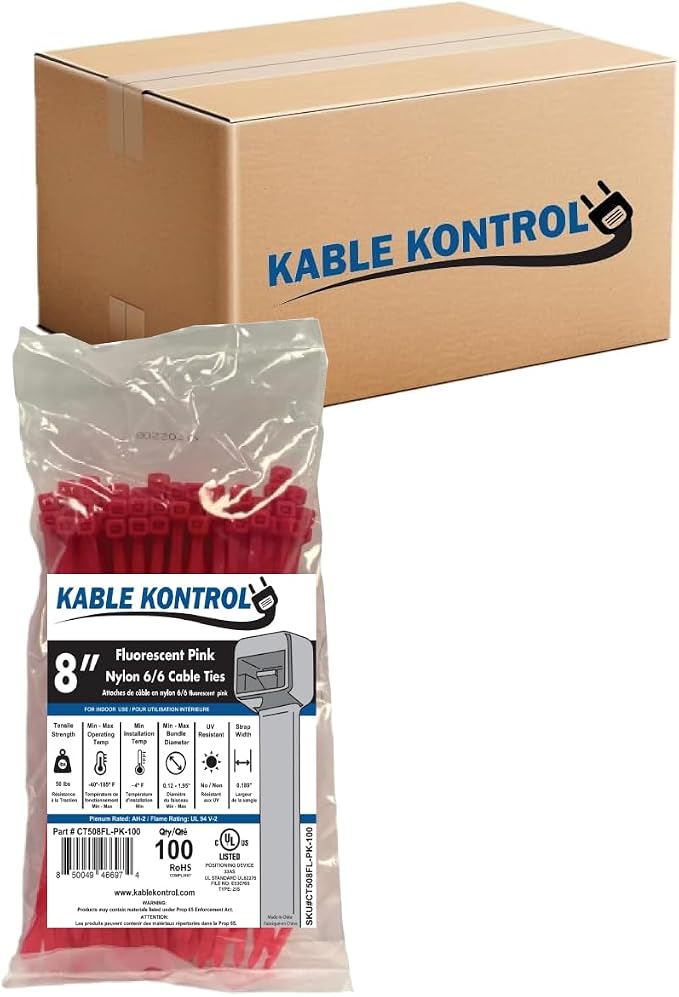 Kable Kontrol Cable Zip Ties, 8 Inch, 10000 Pcs, 50lbs Test, FL Pink | Nylon Plastic, Self Locking, UL Listed, Indoor Use