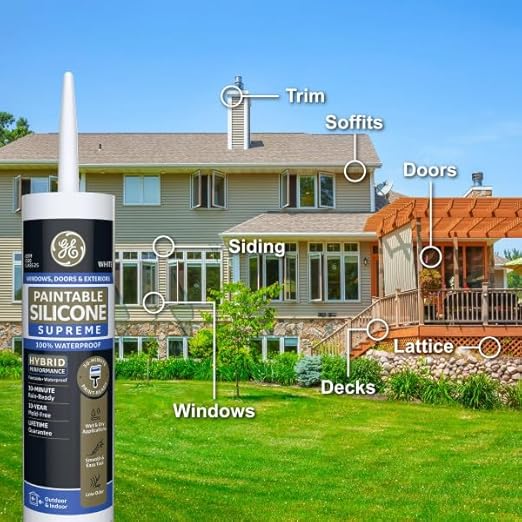 GE Supreme Paintable Silicone Caulk for Window & Door, White, 9.5 fl oz Cartridge, 1 Pack - 100% Waterproof Silicone Sealant, 7X Stronger Adhesion, Freeze & Sun Proof