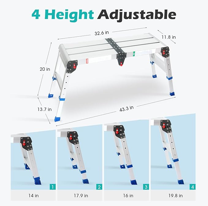 LEADALLWAY Portable Work Platform Height Adjustment 33"(L) x12(W) x20(H) Foldable Step Stool Aluminum Platform Ladder with One-Touch Automatic Fold 330 Lbs Capacity