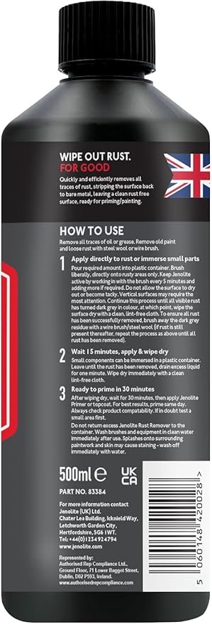 JENOLITE Original Rust Remover for Metal - Fast Acting Liquid - Industrial Strength, Removes Rust Back to Bare Metal - 500ml (16.9 fl oz)