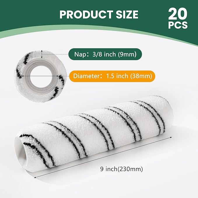 Paint Roller, 20 Pack Microfiber Paint Roller Covers 9 Inch, Large 9 Inch Paint Rollers for Painting Walls, Covers for Paint Roller Kit