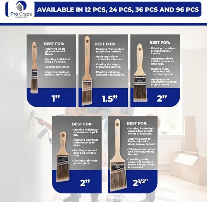 Pro Grade Paint Brushes, 5-Piece Paint Brush Set, Flat & Angle Brushes for Walls, Trim, Cabinets, Interior & Exterior Latex and Oil Paints, Stains