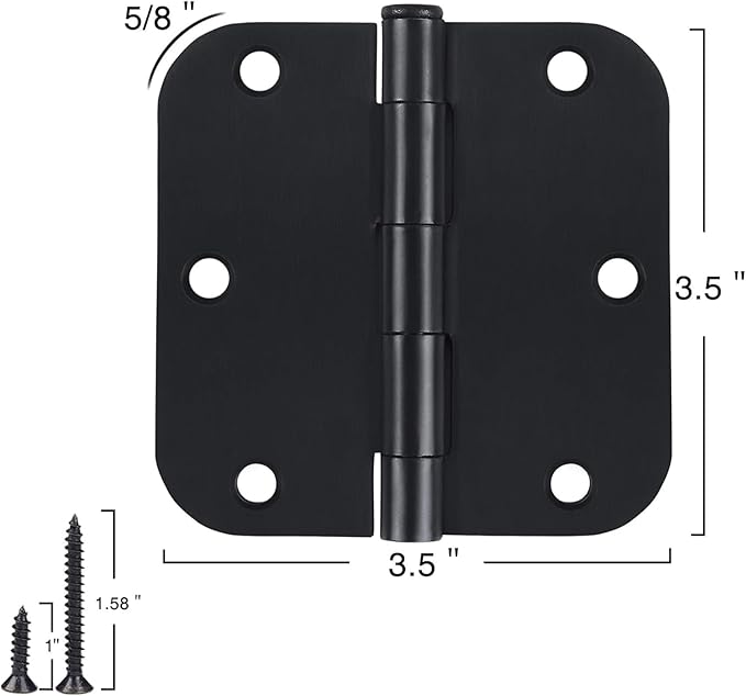 1 Pack Rounded Matte Black Door Hinges 3.5 Inch 5/8" Radius for Interior 3 1/2" Flat Iron Bifold Residential Standard Bedroom Indoor for Doors Hardware Control House Decor Essentials Accessories