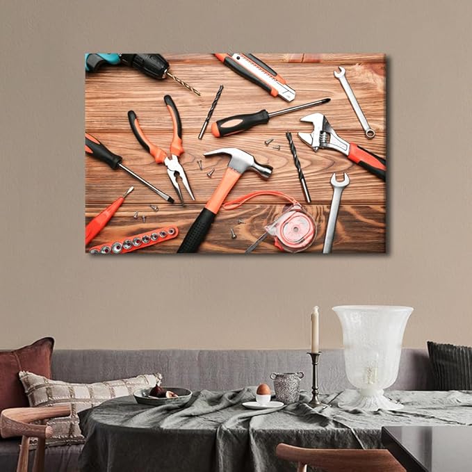 Large Wall Decor For Living Room 1 Piece Wooden Table Old Tools Canvas Wall Art Screwdriver Gloves Pictures Print Artwork for Repair Shop Decor Wooden Framed Gallery Artwork Gifts (24" Wx36 H)