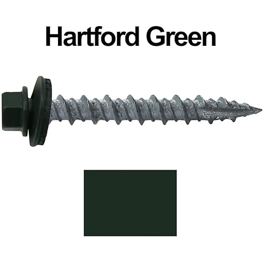 10 x 1-1/2" Hartford Green Metal Roofing Screws - Hex Washer Head- Self-Starting/Tapping - EPDM Washer. 8 X 250 Bags - 2,000 Screws