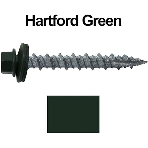 10 x 1-1/2" Hartford Green Metal Roofing Screws - Hex Washer Head- Self-Starting/Tapping - EPDM Washer. 8 X 250 Bags - 2,000 Screws