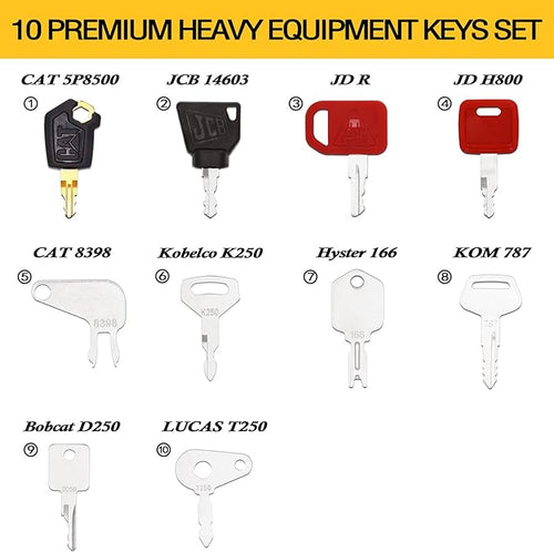 10 Heavy Construction Equipment Keys Master Set, Replacement Ignition Key Fits Cat Caterpillar Case Jd John Deere Kubota Komatsu Hyster Yanmar Daewoo Takeuchi Ford New Holland Volvo JCB