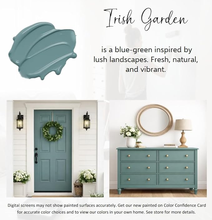 ALL-IN-ONE Paint by Heirloom Traditions, Irish Garden (Blue Green), Quart - Durable cabinet and furniture paint. Built in primer and top coat, no sanding needed. Includes our 30 featured color card.
