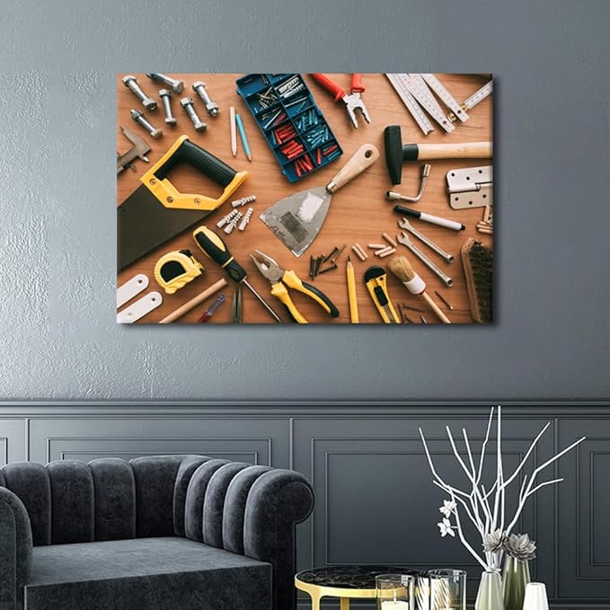 TUMOVO 1 Panels Large Wall Art for Living Room Assorted Woodwork Carpentry or Construction Tools Poster Canvas Supermarket Hotel Tool Room Hardware Store Wall Decor Ready to Hang (24" Wx36 H)