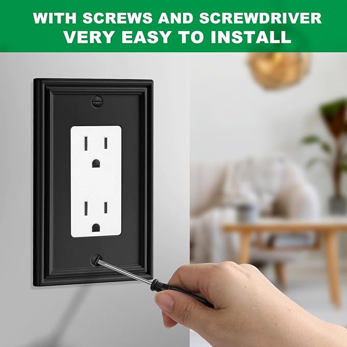 Black Modern Decorative Wall Plate Light Switch Cover Decorator Outlet Covers Rocker Switch Plates Bamboo Fiber Material Wall Plates for Kitchen Bathroom (1 Gang Single Decorator-4 Pack)