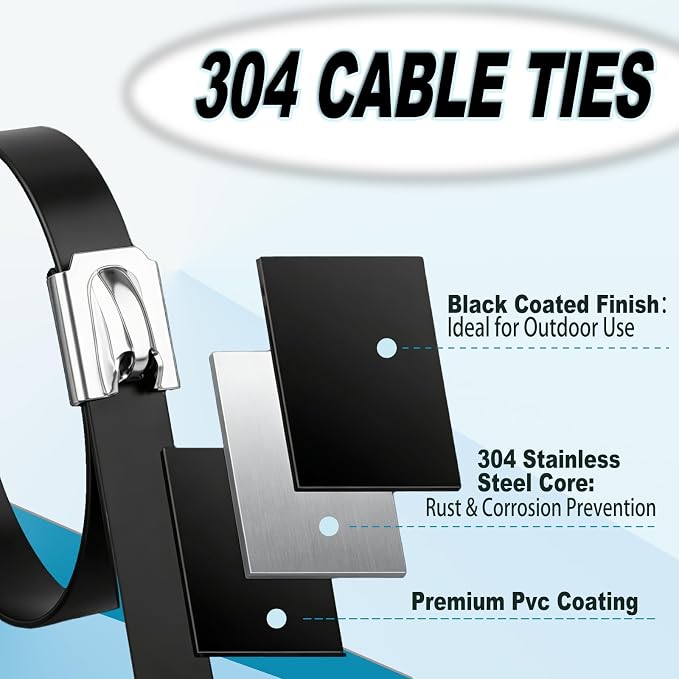 300PCS 11.8Inch 304 Steel Cable‑Ties Kit with Gun, Screwdriver & Gloves | High‑strength 304‑steel zip ties provide long‑lasting secure fastening for outdoor‑fence installations.