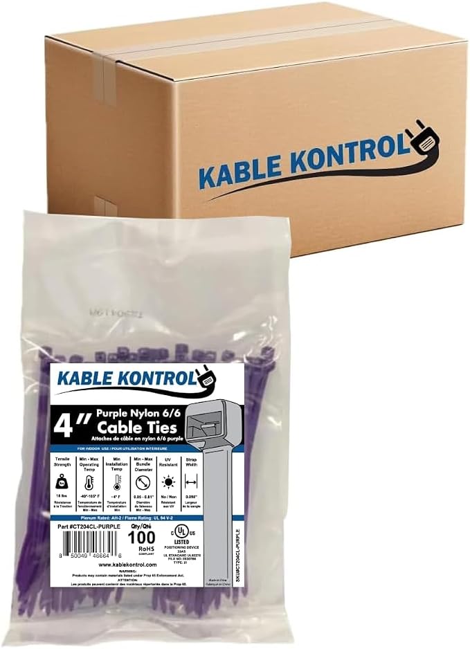 Kable Kontrol Cable Zip Ties, 4 Inch, 40000 Pcs, 18lbs Test, Purple | Nylon Plastic, Self Locking, UL Listed, Indoor Use