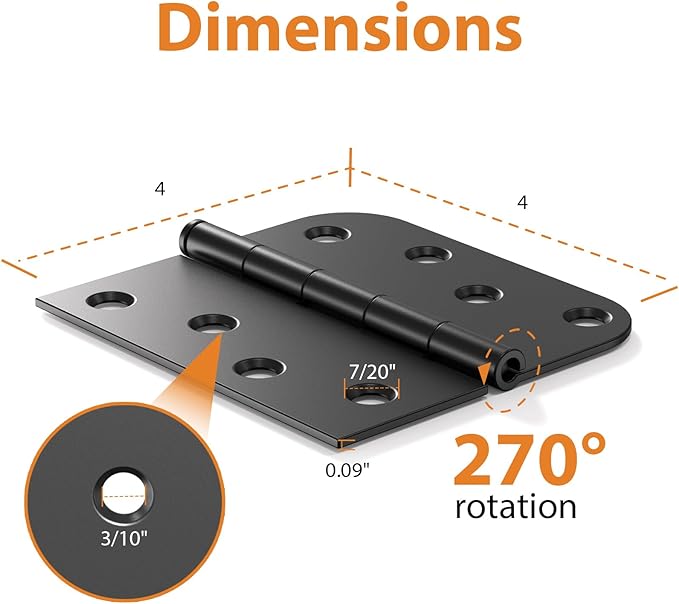 18 Pack Matte Black 4 Inch Door Hinges, Heavy Duty Residential Hinges for Front & Back Doors, Square & 5/8" Radius Corners, Quiet No Squeak, Removable Pin Exterior Hinges