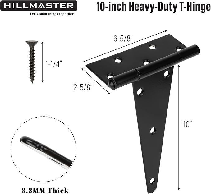 HILLMASTER 10 Inch T-Strap Heavy Duty Shed Door Hinges Gate Strap Hinges Black Tee Hinge Wrought Hardware for Wooden Fences,Yard,Barn Door,Rustproof (4 Pack)