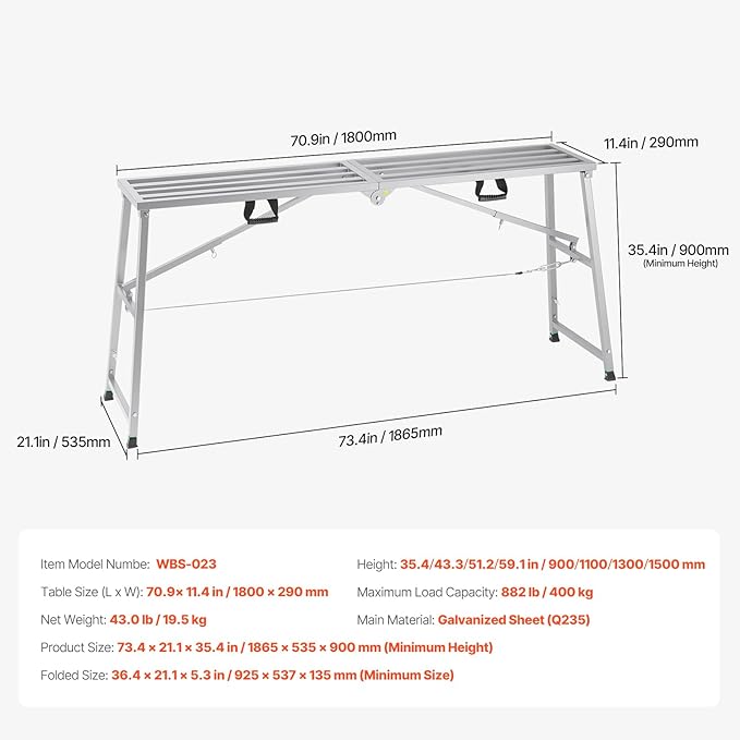 VEVOR Work Platform, 71"x 15" Portable Scaffolding Platform, Folding Steel Step Ladder Adjustable Height 35.4”-59.1”, 800 lbs Load Capacity, Non-Slip Drywall Painting Stool for Cleaning &Washing