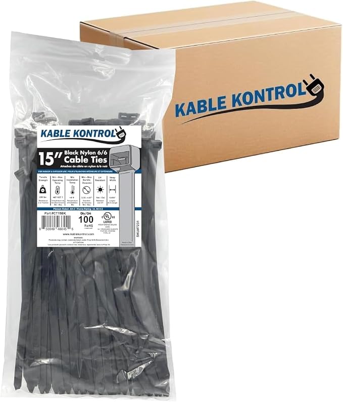 Kable Kontrol Cable Zip Ties, 15 Inch, 1500 Pcs, HD 250lbs Test, Black | Nylon Plastic, UV-Resistant, Self Locking, UL Listed, Indoor & Outdoor Use