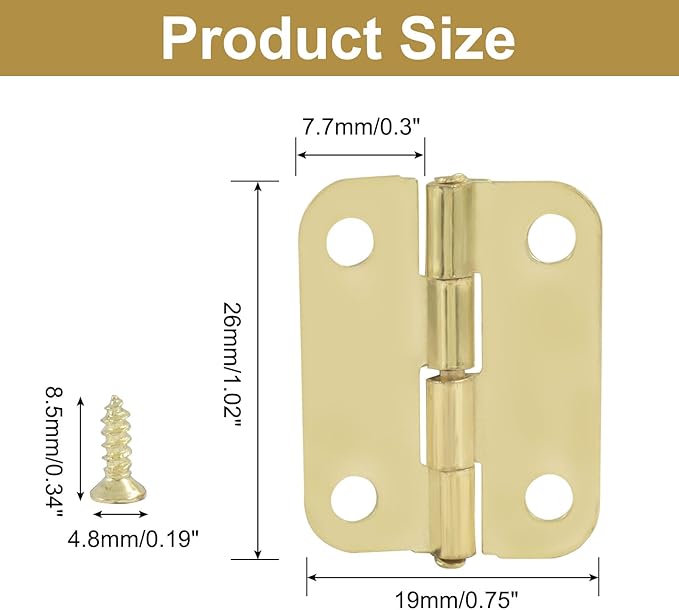 Murtenze 24Pcs Butt Hinge, 1" x 3/4" Metal Foldable Door Hinges with Screws for Cabinet Door Closet, Jewelry, Wooden Box (Gold)