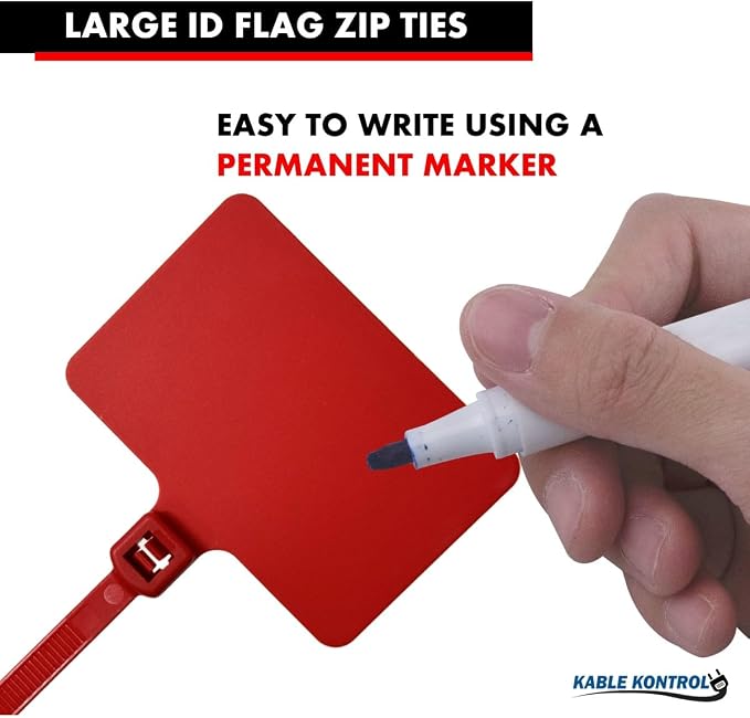 Kable Kontrol Cable Marker Identification Zip Ties 9 Inch 100 Pcs – Red | Large ID Flag Label Straps, Self-Locking Write on Tags for Ethernet, Power, and Cord Labeling