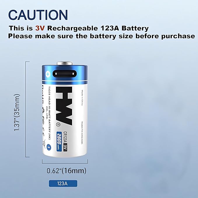 HW Rechargeable 123 Batteries [3V, 16-Pack] 2800mWh Long-Lasting 123a Lithium Battery 1000+ Cycles with 4 in 1 USB-C Cable for Cameras, Flashlight