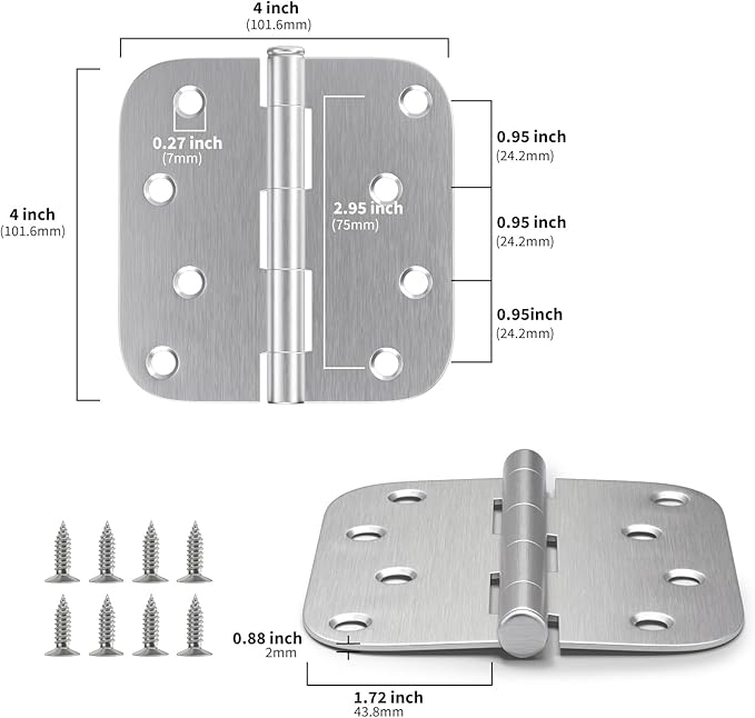6 Pack goldenwarm 4 inch Brushed Nickel Door Hinges Satin Nickel Exterior Door Hinges - Residential Hinges for Interior and Exterior Doors, 5/8" Radius Corners, Iron