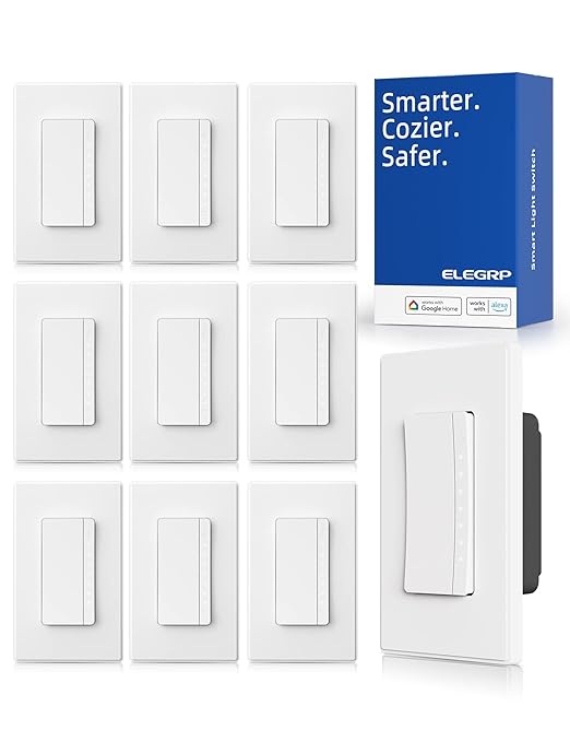 ELEGRP Single Pole Smart Dimmer Light Switch DPR10, 2.4GHz Wi-Fi Dimmer Switch Compatible with Alexa and Google Assistant, Needs Neutral Wire, No Hub Required, UL Listed, Matte White, 10 Pack