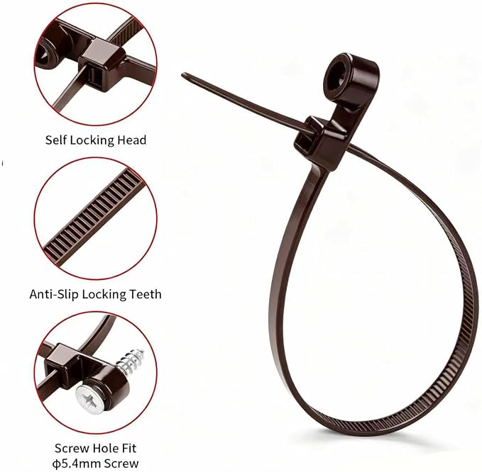 200 PCS 12 inch Brown Zip Ties with Screw Hole 70lbs Mountable head Cable Ties Straps Multipurpose Heavy Duty Nylon Cable Zip Ties with Screw Mounting Hole