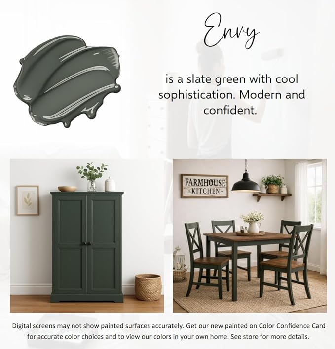 ALL-IN-ONE Paint by Heirloom Traditions, Envy (Slate Green), Quart - Durable cabinet and furniture paint. Built in primer and top coat, no sanding needed. Includes our 30 featured color card.