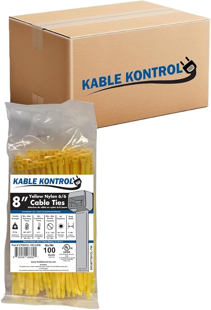 Kable Kontrol Cable Zip Ties, 8 Inch, 10000 Pcs, 50lbs Test, Yellow | Nylon Plastic, Self Locking, UL Listed, Indoor Use