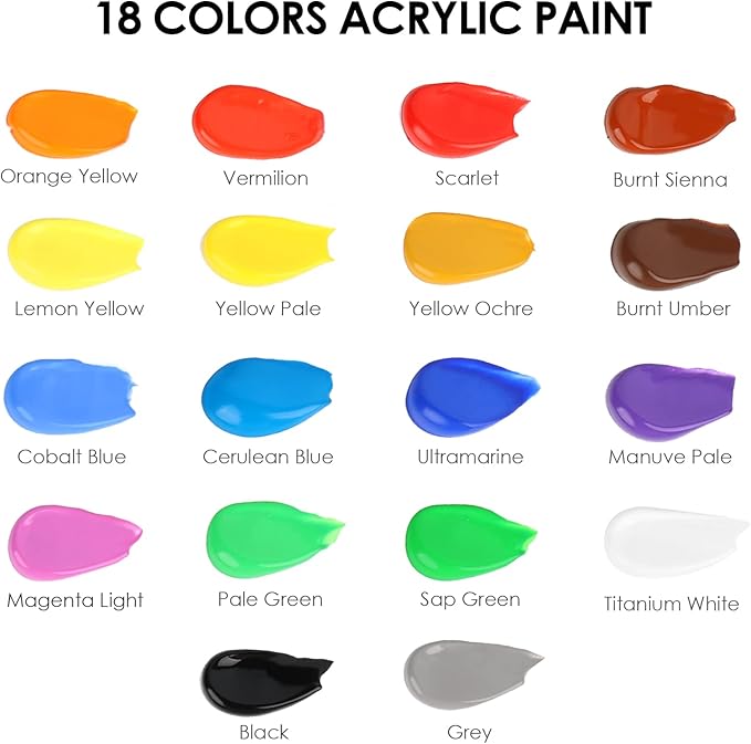GOTIDEAL Acrylic Paint Set with 10 Brushes, 18 Colors Outdoor/Indoor (59ml, 2 oz) Art Craft Paint Non Toxic, Perfect for Hobby, Artist, Adults, Ideal for Canvas Wood Clay Ceramic Paint Supplies