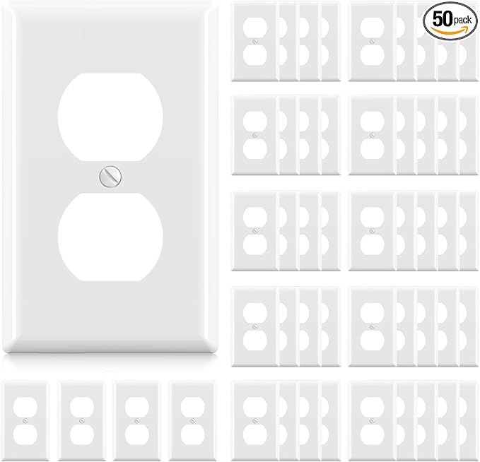 ELEGRP Duplex Receptacle Outlet Covers, 1-Gang Standard Size Wall Plates, Unbreakable Polycarbonate Dual Outlet Faceplates Covers, UL Listed, Color-matched Screws Included (50 Pack, Glossy White)