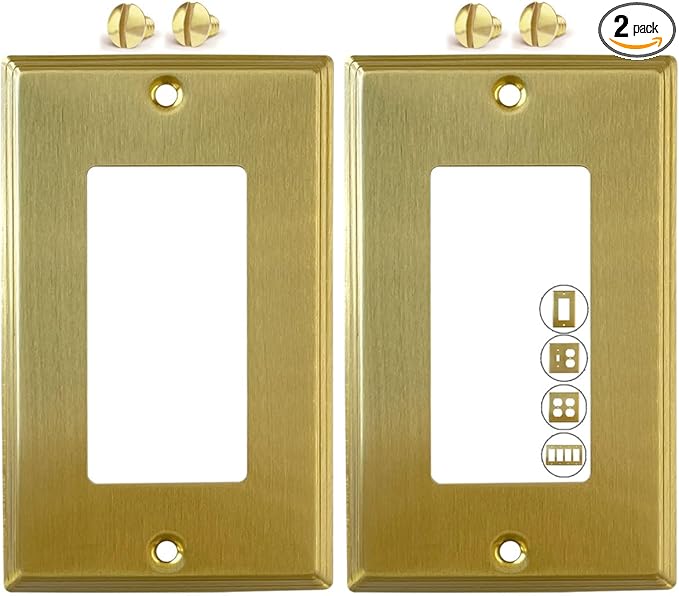 Rio Salto Rocker Light Switch Cover Plate Single Rocker Decorator Paddle GFCI BRASS Brushed Gold Metal Outlet Covers Decorative Wall Plates — Deco Collection, Standard Size, 4.50" X 2.76"
