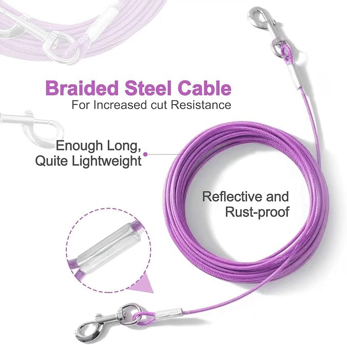 Tie Out Cable for Dogs,10/20/30/50/100FT Dog Leads for Yard Chew Proof,Heavy Duty Tie Out Cable for Large Dogs Up to 125lbs,Dog Runner Tether (Purple, 125Ibs 150ft)