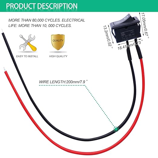 Twidec/10Pcs Rocker Switch AC 6A/250V 10A/125V SPST 2 Pins 2 Position ON/Off Car Boat Square Black Rocker Switch Toggle with Pre-soldered Wires KCD1-X-F