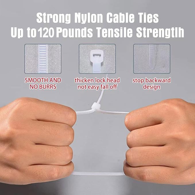 White Zip Ties 12 Inch Heavy Duty 120 Pounds Tensile Strength UV Resistant Cable Ties Self Locking Wide Industrial 12" Zipties Bulk Nylon Wire Ties Wraps 0.3 Inch Width Outdoor Use 1000 Pack