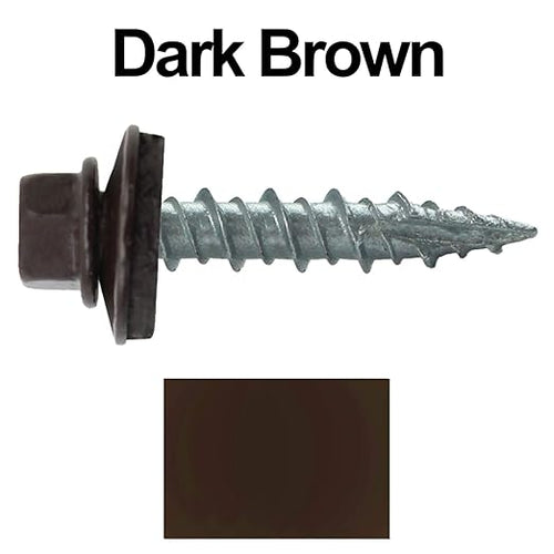 10 x 1 Dark Brown Metal Roofing Screws - Hex Washer Head- Self-Starting/Tapping - EPDM Washer. 10 X 250 Bags - 2,500 Screws