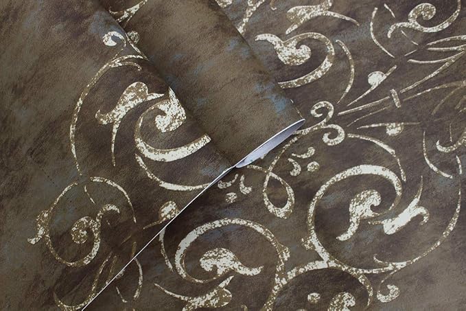 HAOKHOME Vintage Peel and Stick Wallpaper Damask Brown/Beige/Teal Vinyl Stick on Wall Paper for Bathroom Bedroom Home Decor 17.7in x 9.8ft